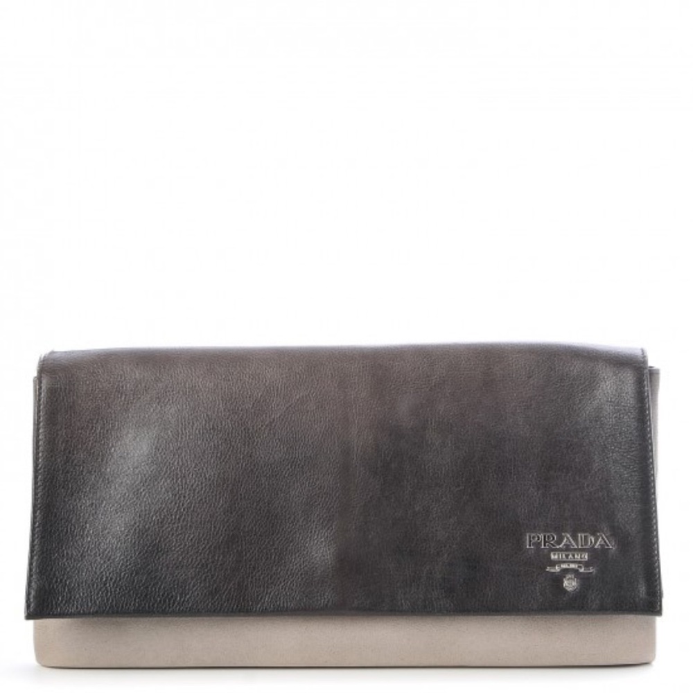 Prada Leather Glace Calf Fold Over Clutch Ombre Ardesia Talco